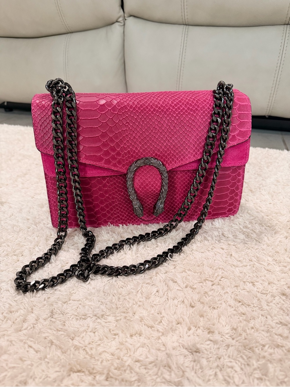 Hot Pink Python-Texture Shoulder Bag with Gunmetal Chain